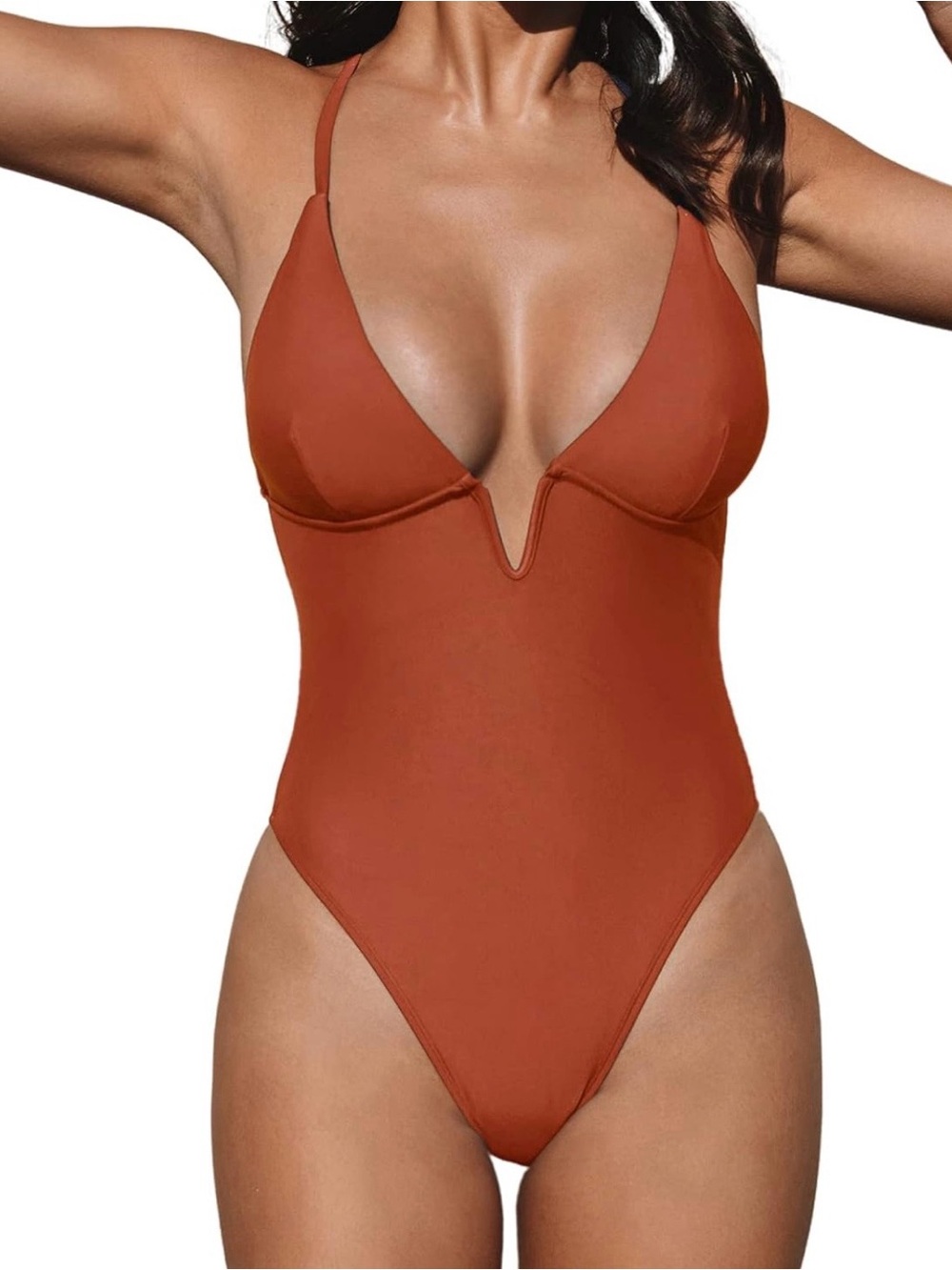 Cupshe Deep V One-Piece Swimsuit in Rust